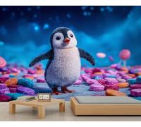 Carnet de murs avec motifs de manchot mignon et bonbons colorés, décoration murale ludique, parfaite pour la chambre d'enfant et les murs d'accent pour les enfants 300x210cm (Non autocollant)