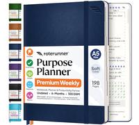 Carnet de notes A5 14,7 x 21,1 cm non daté 2026 - Outil de fixation d'objectifs de productivité quotidien, hebdomadaire et mensuel pour adultes - Couverture souple bleu marine