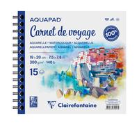 Clairefontaine 975956C - Carnet de Voyage Spiralé Aquapad - 15 Feuilles Papier Aquarelle Blanc Grain Moyen Fin 19x20 cm 300g - Idéal pour les Artistes Globe-trotteurs
