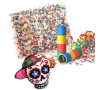 Carnevale 2025 - Enveloppe 200 g confettis de carnaval + 2 tubes x 20 rouleaux d'étoiles filantes de papier + coussin de crâne