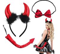 Carnival Devil Costume Set avec les cornes du diable, la queue, le ruban & les gants rouges en satin - 4 pièces, pour enfants et adultes, taille unique, rouge