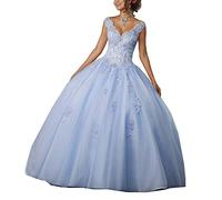 Carnivalprom Robe de bal pour femme avec col en V et dentelle pour Quinceanera, robe de soirée longue et élégante pour mariage (Bleu clair, 34)