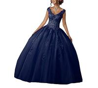 Carnivalprom Robe de bal pour femme avec col en V et dentelle pour Quinceanera, robe de soirée longue et robe de mariée élégante (Turquoise, 36)