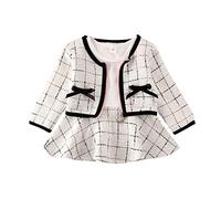 Carolilly 2 Pcs Ensemble de Vêtement pour Enfant Fille Robe Manche Longue + Veste à Carreaux Tenue de Vêtement Chic Automne Printemps Hiver (Blanc B, 6-12 Mois, 80)
