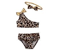 Carolilly 3Pcs Maillot de Bain Léopard Enfant Fille Crop-Top Une Epaule + Culotte + Bandeau avec Noeud Papillon Bikini Fillette Multicolore-Léopard(2-3 ans)100