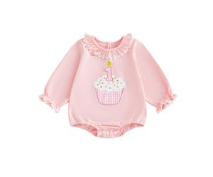 Carolilly Barboteuse Bébé Fille Premier Anniversaire, Body Manches Longues ou Courtes avec Motif Cupcake, Design à Volants