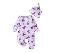 Carolilly Costume Halloween Bébé Garçon Fille Ensemble Mon Premier Halloween Combianison Barboteuse Citrouille Body Une Pièce + Chapeau Pyjama Infantile (Violet, 0-3 Mois)