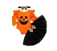 Carolilly Déguisement Halloween Bébé Fille Tenue Halloween Ensemble Barboteuse Citrouille + Tutu Jupe + Jambières + Bandeau 4PCS Vêtements Nouveau-né (Noir, 12-18 Mois)