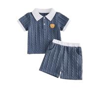 Carolilly Ensemble 2 Pièces Bébé Garçon, Polo à Manches Courtes + Short, Motif Tricot Torsadé, Col Blanc, Broderie Ours (Bleu, 12-18 Months)