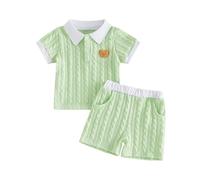 Carolilly Ensemble 2 Pièces Bébé Garçon, Polo à Manches Courtes + Short, Motif Tricot Torsadé, Col Blanc, Broderie Ours (Vert, 18-24 Months)