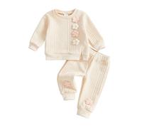 Carolilly Ensemble 2 Pièces Chaude Bébé Fille avec Fleurs Appliquées, Sweat-shirt et Pantalon Tricot Câble, Violet Rose Beige (Beige, 6-12M)