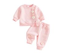 Carolilly Ensemble 2 Pièces Chaude Bébé Fille avec Fleurs Appliquées, Sweat-shirt et Pantalon Tricot Câble, Violet Rose Beige (Rose, 3-6 Months)