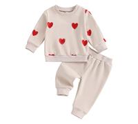 Carolilly Ensemble 2 pièces pour bébé garçon et fille - Pour la Saint-Valentin - Motif cœur brodé - Sweat-shirt à manches longues + pantalon - Taille élastique
