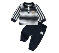 Carolilly Ensemble 2 pièces pour bébé garçon - Manches longues - Motif ours brodé - Rayé - T-shirt + pantalon à taille élastique, bleu marine, 18-24 mois