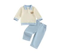 Carolilly Ensemble 2 Pièces pour Bébé Garçon Manches Longues Motif Ours T-Shirt Rayé + Pantalon à Taille Elastique Tenue de Vêtement Automne Hiver (Bleu, 6-12 Mois)