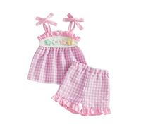 Carolilly Ensemble Bébé Fille Été 2 Pièces, Haut à Bretelles avec Fleurs et Short à Carreaux Vichy Rose, Tenue Coordonnée avec Volants