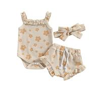 Carolilly Ensemble Bébé Fille Eté Imprimé Floral Body à Bretelles + Culotte à Volant + Bandeau avec Noeud Papillon, Beige B, 3-6 Mois, Taille Fabriquant 80