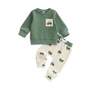 Carolilly Ensemble Bébé Garçon 2 Pièce Imprimé Tracteur Pull Sweat-Shirt Manches Longues + Pantalon de Jogging Survêtement Enfant pour Automne Hiver (Vert Thème de la Ferme, 12-18 Months)