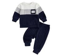 Carolilly Ensemble Bébé Garçon 2 Pièce Pull Sweat-Shirt Patchwork à Couleur Contrastée + Pantalon Tenue de Vêtement Automne Hiver (Bleu Marine Color Block, 12-18 Mois)