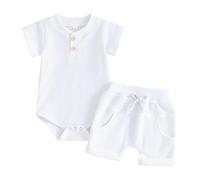 Carolilly Ensemble Bébé Garçon Eté de 2 Pièces, Body à Manches Courtes + Shorts Taille Elastique (0-18 mois) (Blanc, 6-9 Months)