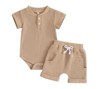 Carolilly Ensemble Bébé Garçon Eté de 2 Pièces, Body à Manches Courtes + Shorts Taille Elastique (0-18 mois) (Kaki, 0-3 Months)