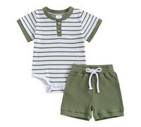 Carolilly Ensemble Bébé Garçon Eté de 2 Pièces, Body à Rayure Manches Courtes + Shorts Taille Elastique (0-18 mois) (Vert foncé, 6-9 Months)
