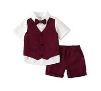Carolilly Ensemble Costume Cravate Enfant Bébé Garçon 3 Pcs Chemise + Short + Gilet Mariage Fête Cérémonie, Bordeaux, 18-24 Mois, Taille Fabriquant 90