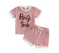Carolilly Ensemble de 2 pièces assorties pour bébé fille, sœur, lettres brodées, sweat-shirt à manches longues, col rond et short brodé à la taille élastique avec nœud