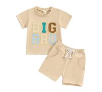 Carolilly Ensemble Enfant Bébé Eté Grand Petit Frère Soeur, T-Shirt à Manches Courtes Imprimé Lettres + Shorts Taille Elastique (Beige BIG, 3-4 Years)