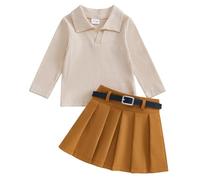 Carolilly Ensemble Enfant Bébé Fille Tenue de Vêtements 3Pcs Pull Manches Longues + Jupe à Boutons avec Ceinture Costume d'Automne et d'Hiver (D-Kaki, 2-3 Years)