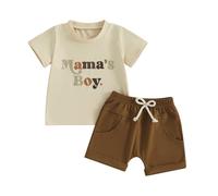 Carolilly Ensemble Enfant Bébé Garçon Eté de 2 Pièces T-Shirt à Manches Courtes Imprimé Mama's Boy + Shorts (0-3 ans) (Brun A, 12-18 Months)