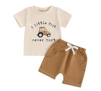Carolilly Ensemble Enfant Bébé Garçon Eté de 2 Pièces T-shirt à Manches Courtes Imprimé Tracteur et Lettres + Shorts Taille Elastique (0-4 ans) (Brun, 18-24 Months)