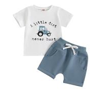 Carolilly Ensemble Enfant Bébé Garçon Eté de 2 Pièces T-shirt à Manches Courtes Imprimé Tracteur et Lettres + Shorts Taille Elastique (0-4 ans) (Bleu, 2-3T)