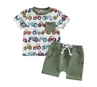 Carolilly Ensemble Enfant Bébé Garçon Eté de 2 Pièces T-shirt à Manches Courtes Imprimé Tracteur + Shorts Taille Elastique (0-3 ans) (Vert, 0-6 Months)