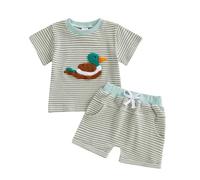 Carolilly Ensemble Enfant Bébé Garçon Eté de 2 Pièces, T-Shirt Rayé à Manches Longues avec Broderie Canard + Shorts Assorti (3 mois à 3 ans) (Vert, 3-6 Months)