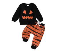 Carolilly Ensemble Halloween Bébé Garçon de 2 Pcs, T-Shirt à Manches Longues + Pantalon Taille Elastique avec Poches, Noir Orange, 12-18 Mois