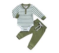 Carolilly Ensemble Nouveau-Né Bébé Garçon de 2 Pièces, Body à Manches Longues Imprimé des Rayures + Pantalon Taille Elastique (0-24 mois) (Vert, 3-6 Months)