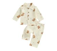 Carolilly Ensemble Pyjama Bébé Garçon Fille 2 Pièces Imprimé Koala Ours Vêtements de Nuit Enfant Unisexe Chemise Boutonnée Manches Longues + Pantalon (Kaki, 12-18 Mois)