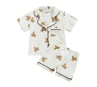 Carolilly Ensemble Pyjama Bébé Garçon Fille 2 Pièces Imprimé Koala Ours Vêtements de Nuit Enfant Unisexe Chemise Boutonnée Manches Longues + Pantalon (Beige, 5-6 Ans)