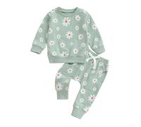Carolilly Ensemble Vêtement Bébé Fille Imprimé Marguerite Sweat Manches Longues et Pantalon Jogging de Sport Survêtement Automne Hiver (Vert Fleurs, 18-24 Mois)