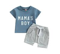 Carolilly Ensemble Vêtement Bébé Garçon Eté de 2 Pcs, T-Shirt à Manches Courtes Imprimé Lettres + Shorts Taille Elastique avec Poches, Bleu Gris A, 12-18 Mois, Taille Fabriquant 90
