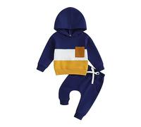 Carolilly Ensemble Vêtement Enfant Petit Garçon de 2 Pièce, Sweat-Shirt à Capuche à Manches Longues + Pantalon, Bleu foncé A, 6-12 mois, Taille fabriquant 80