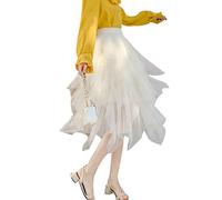 Carolilly Jupe en Tulle Femme Irrégulière Jupe Taille Haute Mi-Longue Jupon Taille Élastique Élégante Jupe Tutu Tulle Couleur Unie Jupe Ballet Princesse(Blanc, Taille Unique)