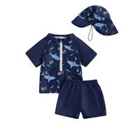 Carolilly Maillot de Bain Enfant Bébé Garçon de 3 Pièces, Haut Zippé Imprimé Cartoon à Manches Courtes + Culotte de Bain + Chapeau Anti-UV (0-5 Ans) (Bleu foncé, 12-18 Months)