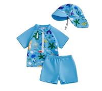 Carolilly Maillot de Bain Enfant Bébé Garçon de 3 Pièces, Haut Zippé Imprimé Cartoon à Manches Courtes + Culotte de Bain + Chapeau Anti-UV (0-5 Ans) (Bleu Ciel, 6-12 Months)