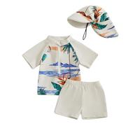 Carolilly Maillot de Bain Enfant Bébé Garçon de 3 Pièces, Haut Zippé Imprimé Cartoon à Manches Courtes + Culotte de Bain + Chapeau Anti-UV (0-5 Ans) (Kaki Plage, 18-24 Months)