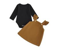 Carolilly Nouveau-né Bébé Fille Vêtements 3Pcs Ensemble Jupe Porte Jarretelles et Haut Combinaison à Volants Manches Longues + Bandeau Tenue Set Infantile Automne Hiver 0-18M (Noir Kaki, 3-6 Months)