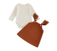 Carolilly Nouveau-né Bébé Fille Vêtements 3Pcs Ensemble Jupe Porte Jarretelles et Haut Combinaison à Volants Manches Longues + Bandeau Tenue Set Infantile Automne Hiver 0-18M (Beige Brun, 0-3 Months)