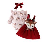Carolilly Nouveau-né Bébé Fille Vêtements 3Pcs Ensemble Jupe Porte Jarretelles et Haut Combinaison à Volants Manches Longues +Bandeau Tenue Set Infantile Automne Hiver 0-18M (Rouge Renne, 3-6 Months)