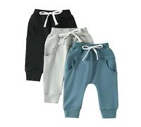 Carolilly Pantalon Bébé Garçon de 3 Pcs Pantalon Automne Hiver Taille Elastique avec Poches Couleur Uni (Noir Gris Bleu, 2-3 Years)